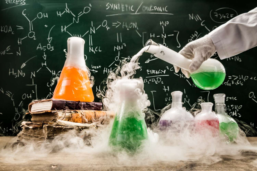 Image showing various chemical reactions in conical flasks