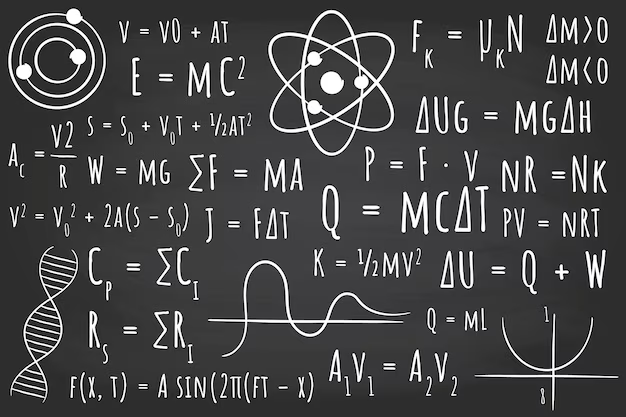 Image displaying various formulas, symbols and diagrams related to science