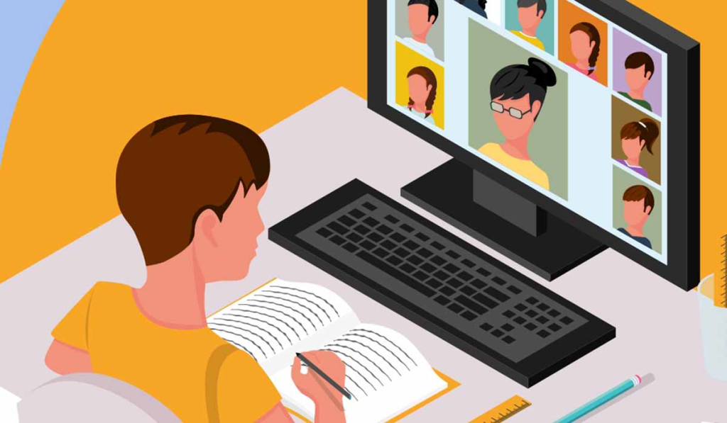 A graphic image of a student attending online class