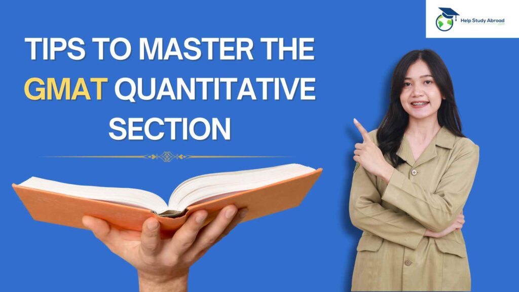 A girl indicating topics about " Tips to Master The GMAT Quantitative Section"