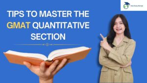 A girl indicating topics about " Tips to Master The GMAT Quantitative Section"